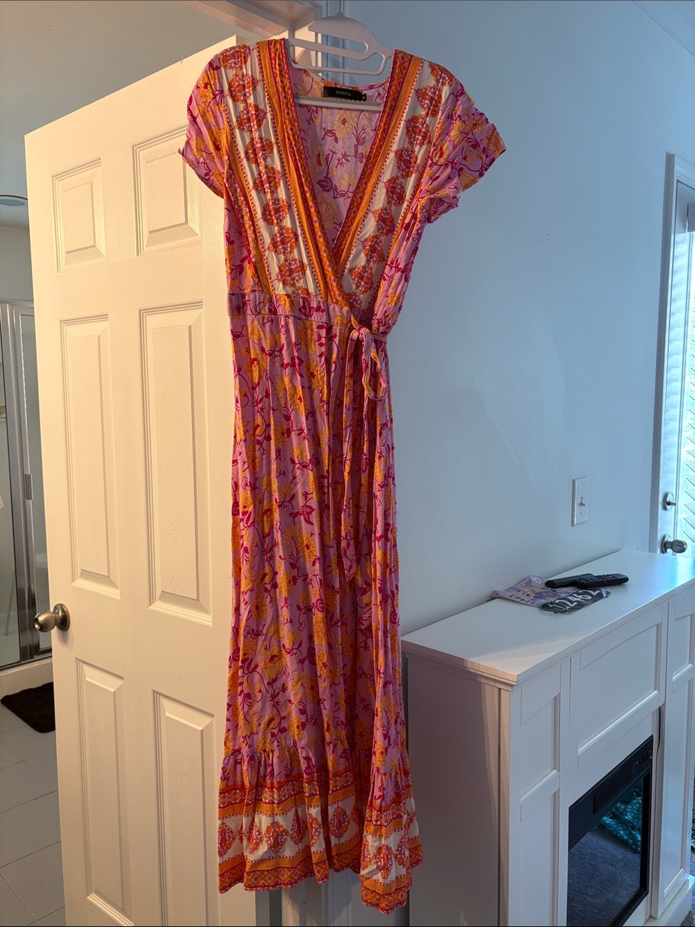 Floral Wrap Maxi Dress in Pink and Orange with Tie Waist